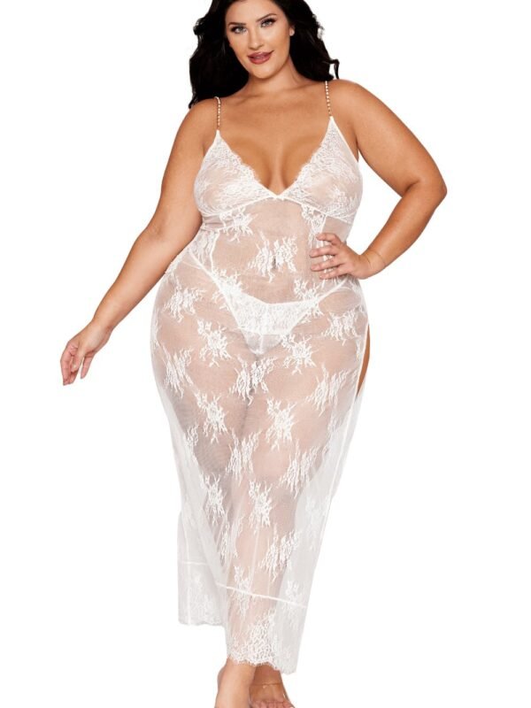 Nuisette longue blanche grande taille dentelle florale