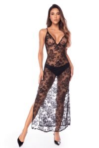 Chemise de nuit longue en dentelle noire transparente avec fentes
