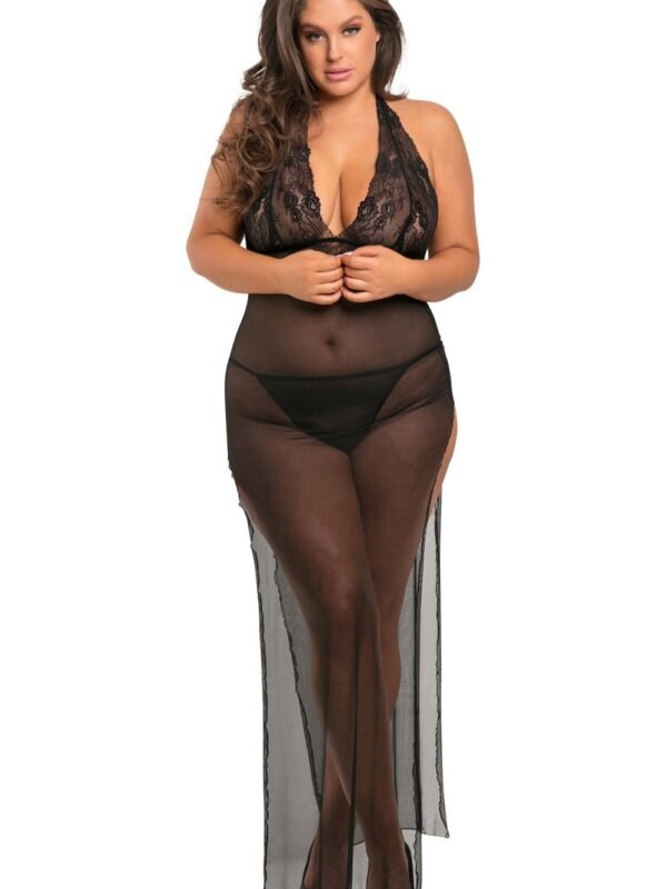 Nuisette longue grande taille noire fendue – René Rofé