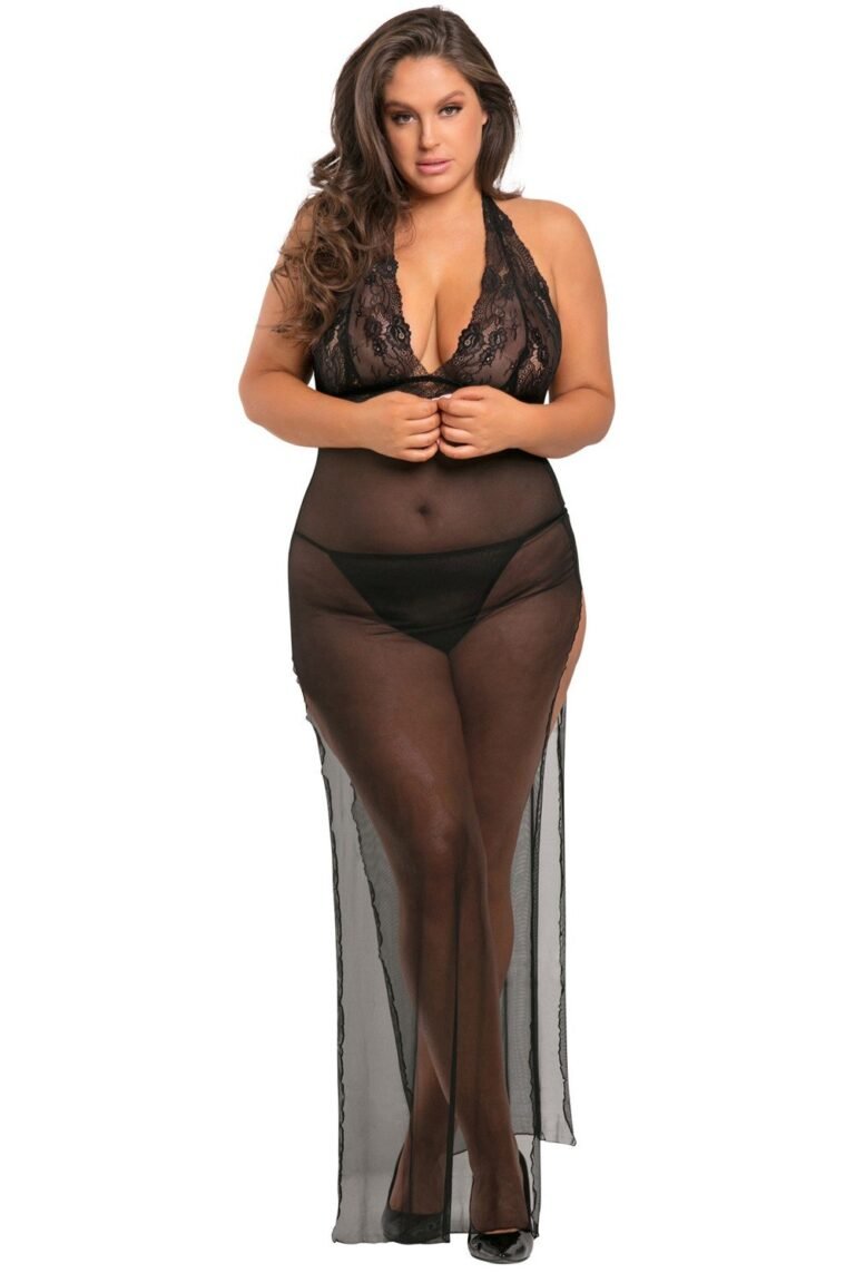 Nuisette longue grande taille noire fendue – René Rofé