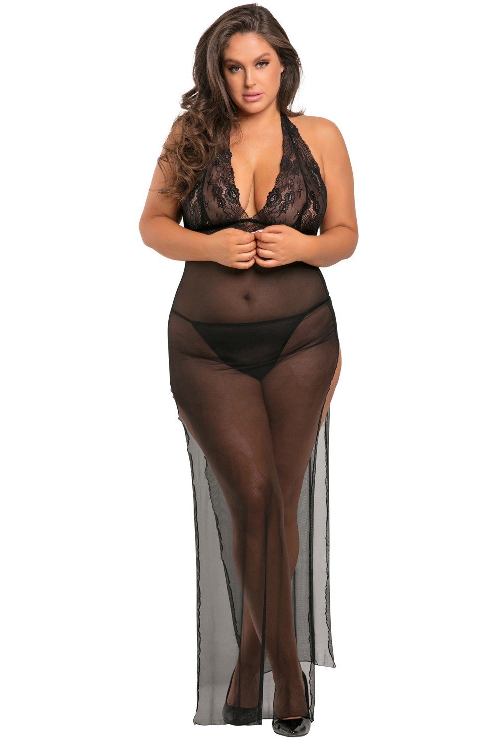 Nuisette longue grande taille noire fendue – René Rofé
