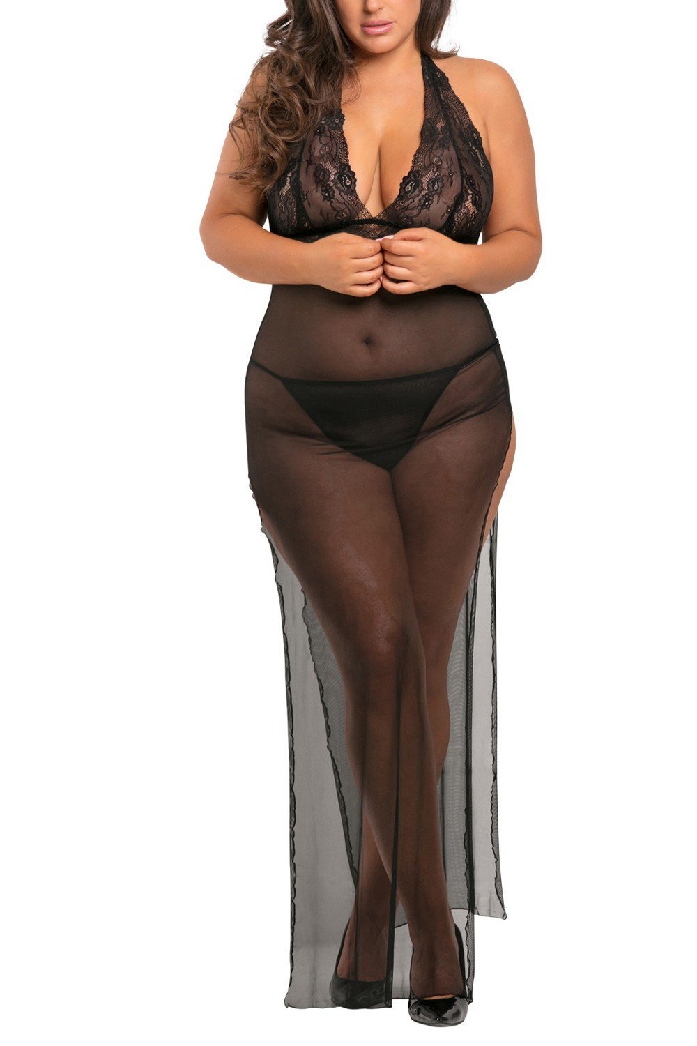 Nuisette longue grande taille noire fendue – René Rofé