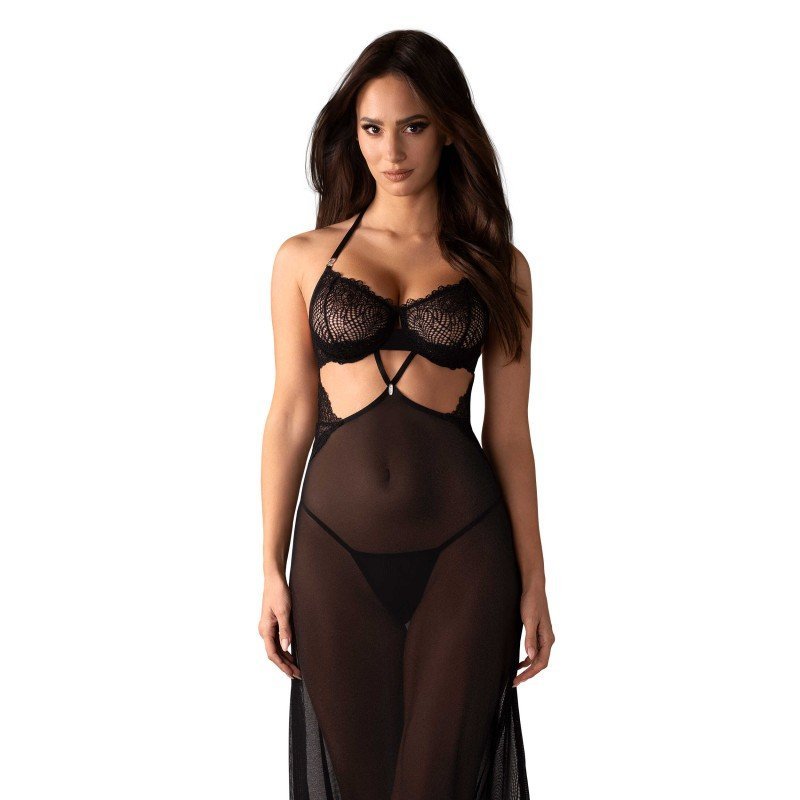 Nuisette longue Iliosa en tulle noir et string