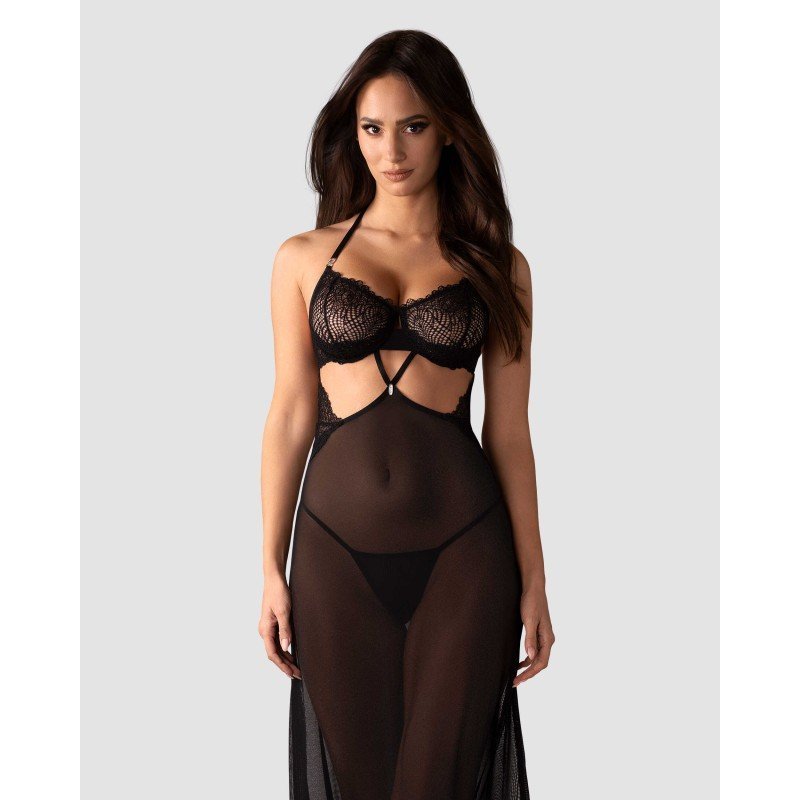 Nuisette longue Iliosa en tulle noir et string