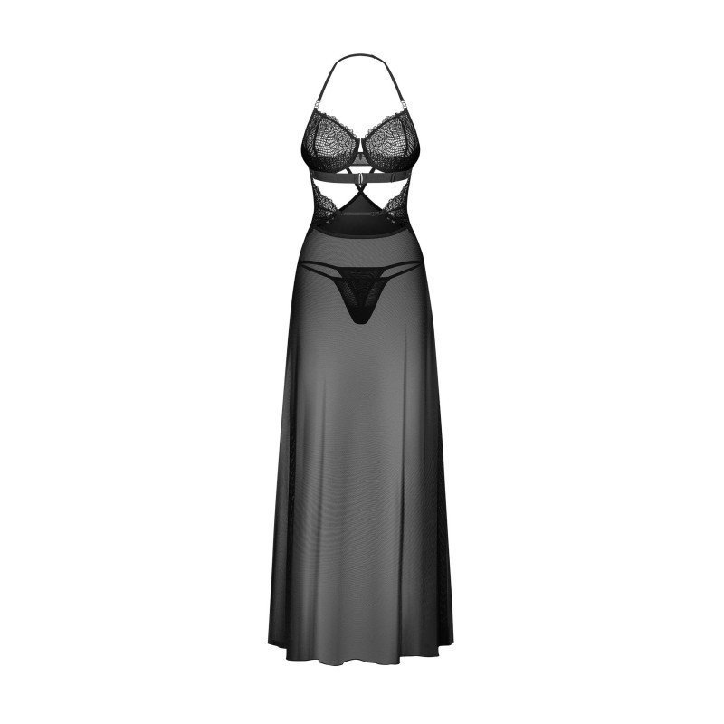 Nuisette longue Iliosa en tulle noir et string