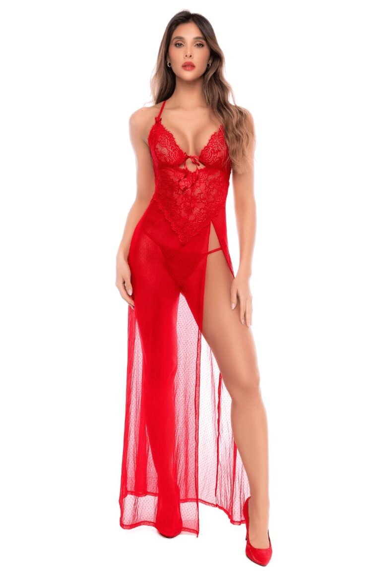 Nuisette longue sexy rouge en dentelle et résille