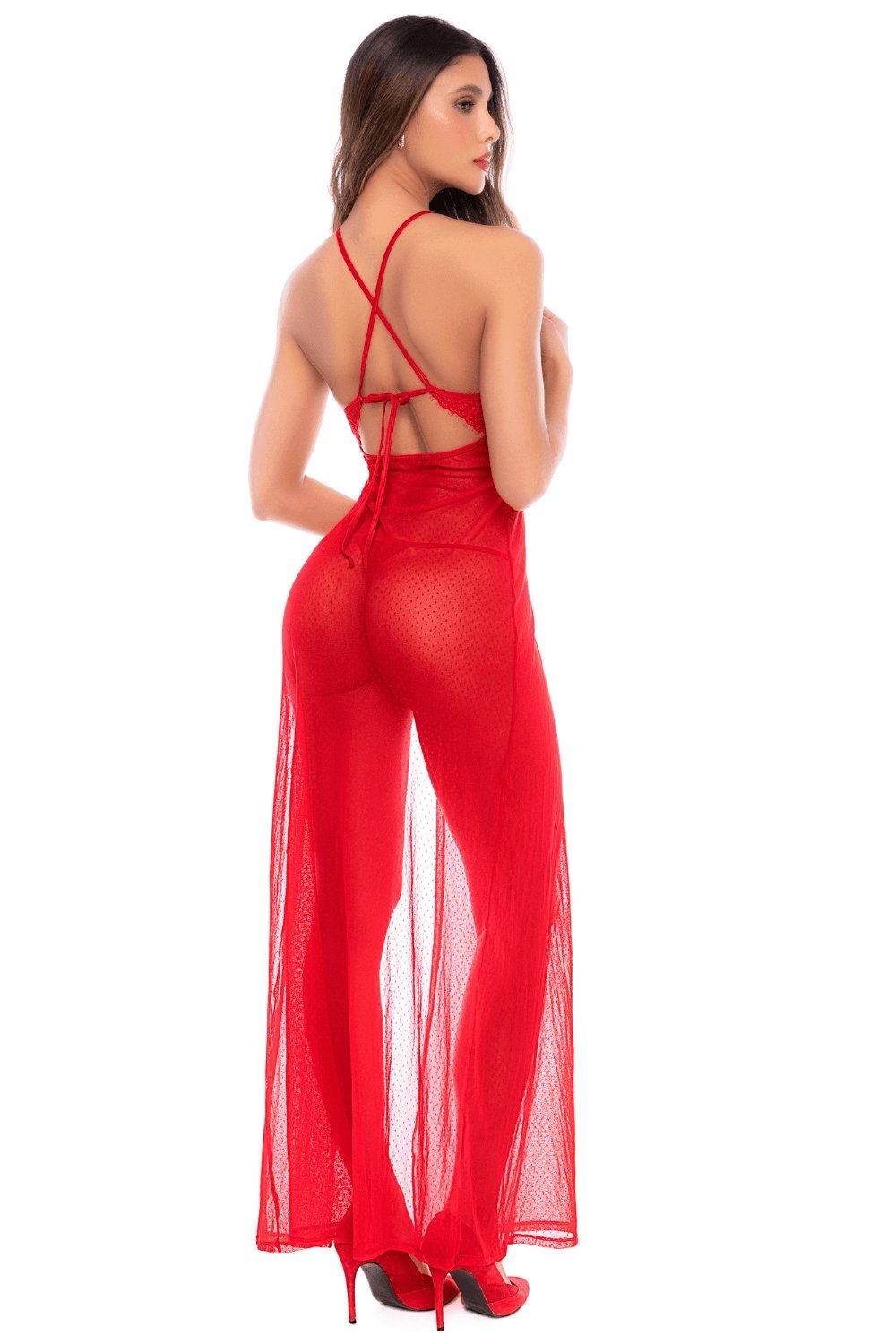 Nuisette longue sexy rouge en dentelle et résille