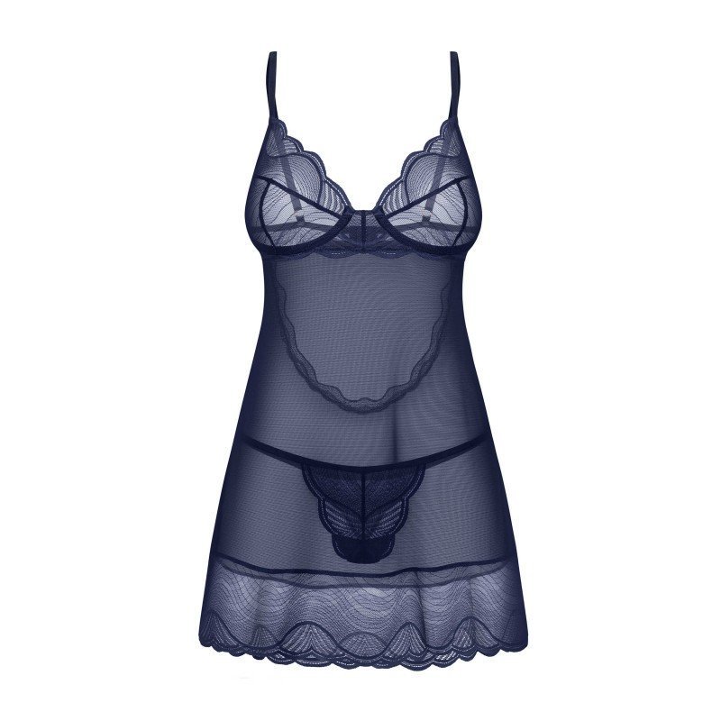 Nuisette Nightly Blue bleu marine et string – Obsessive