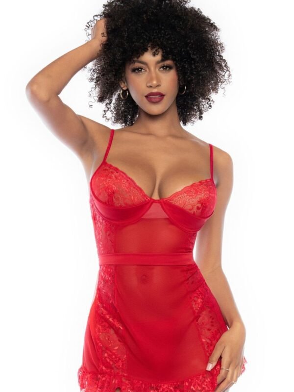 Nuisette rouge à volants et string cœur doré – Mapalé