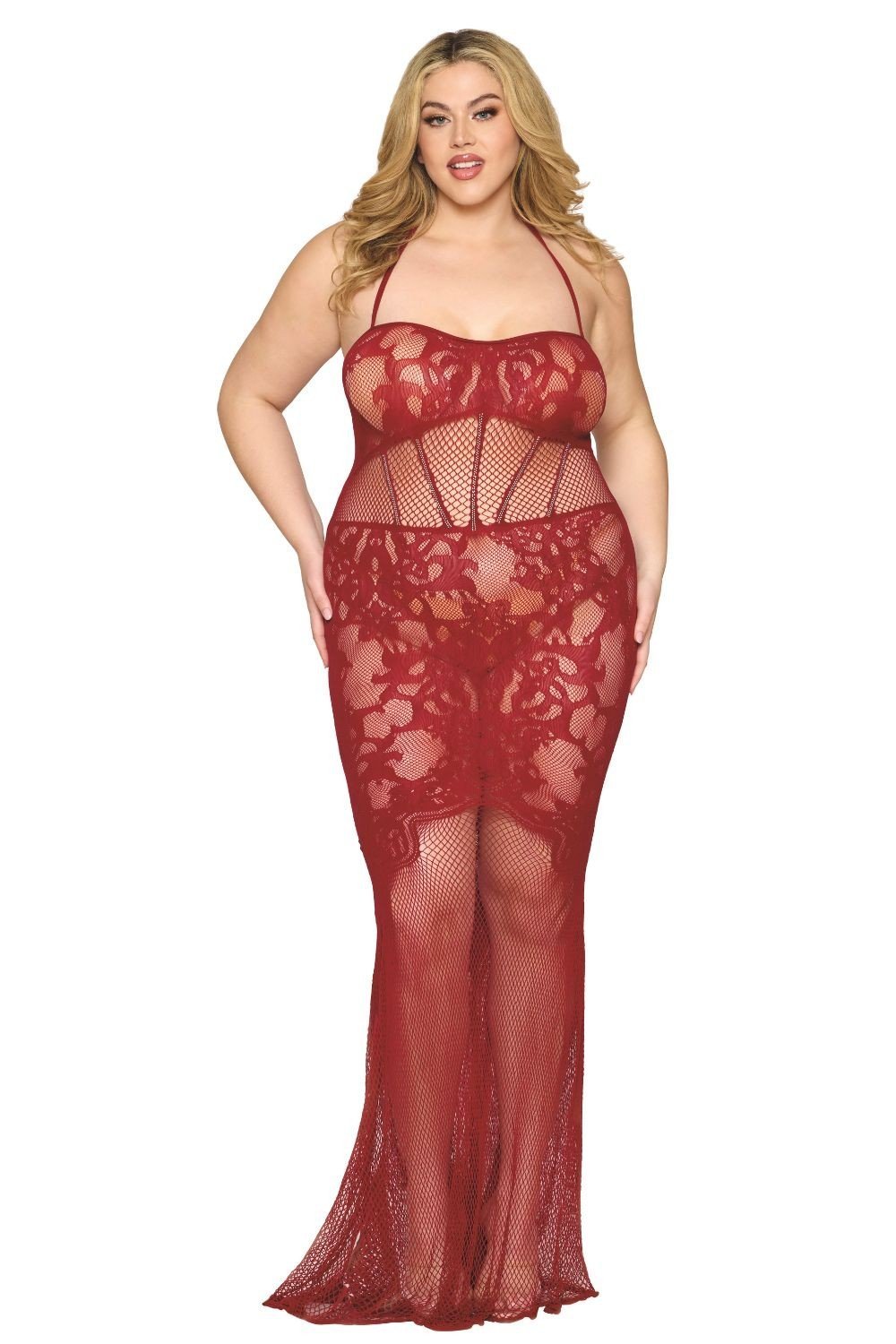 Nuisette sexy grande taille longue en résille rouge