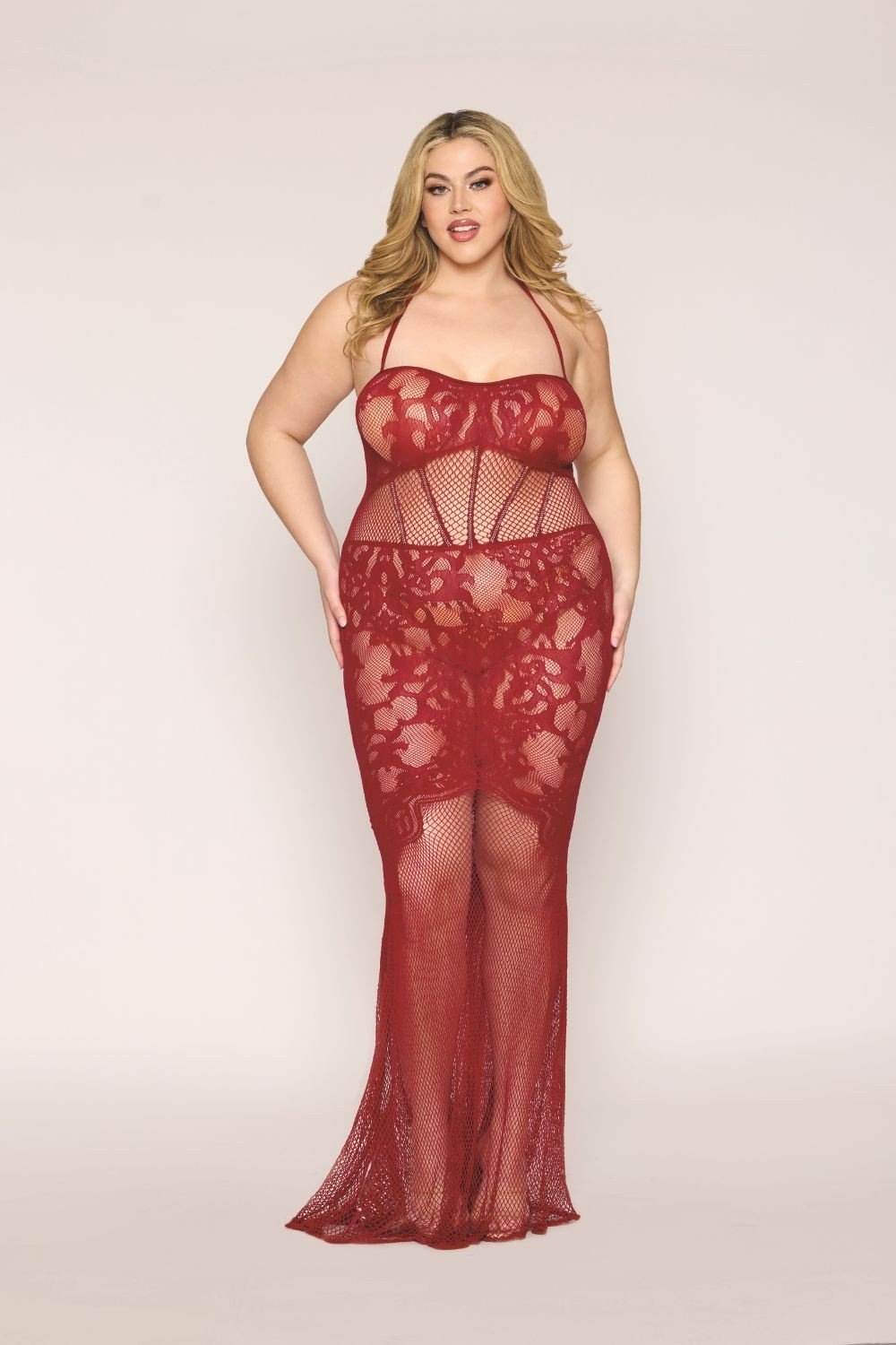 Nuisette sexy grande taille longue en résille rouge