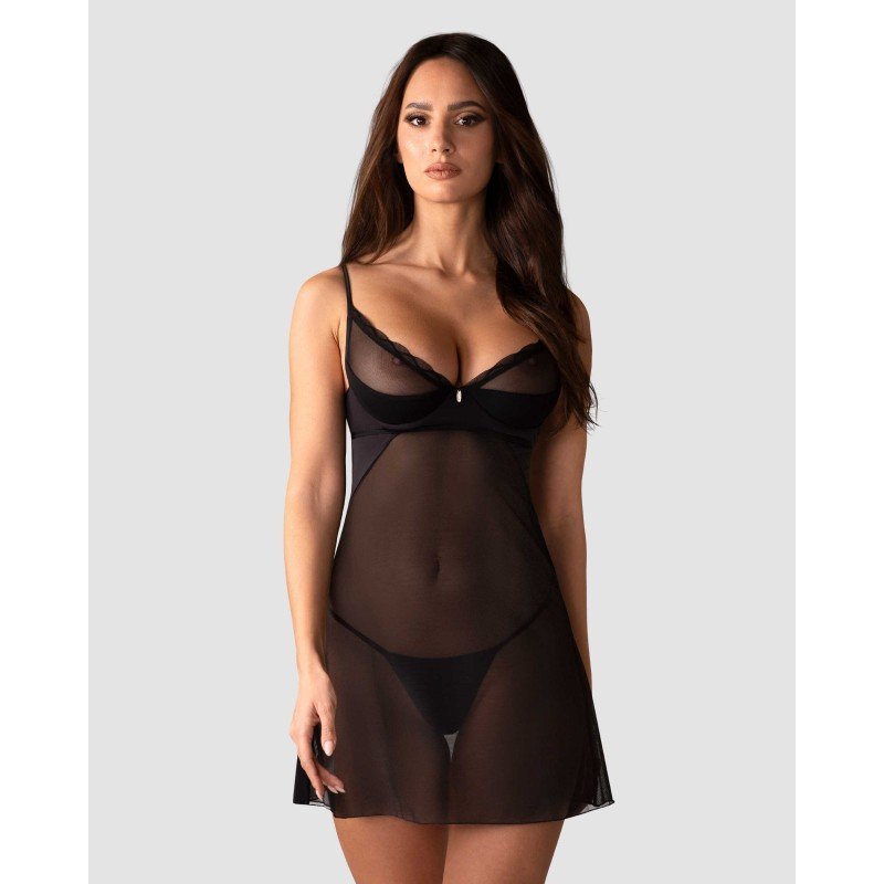 Nuisette Stelisa noire mi-cuisse, volants et string