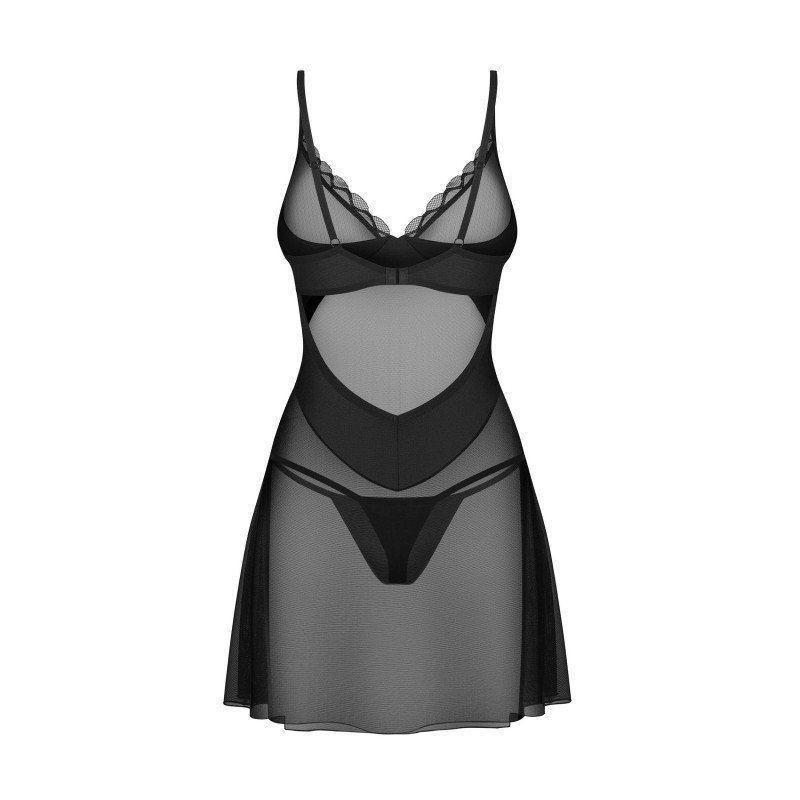 Nuisette Stelisa noire mi-cuisse, volants et string