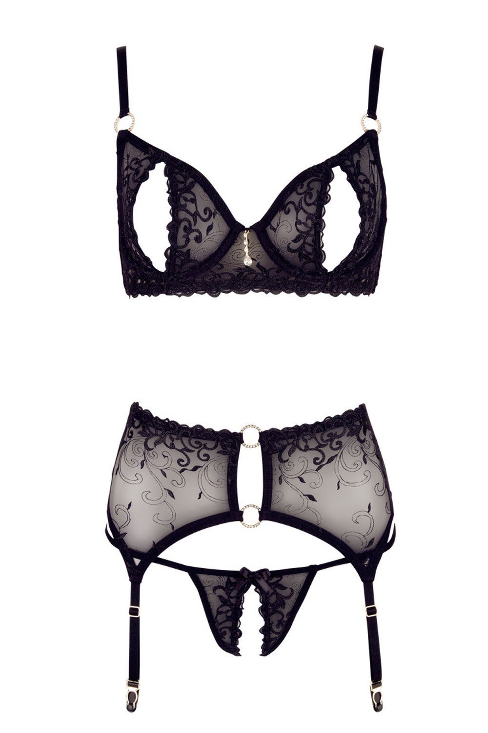 Parure dentelle noire seins nus et string ouvert – Cottelli