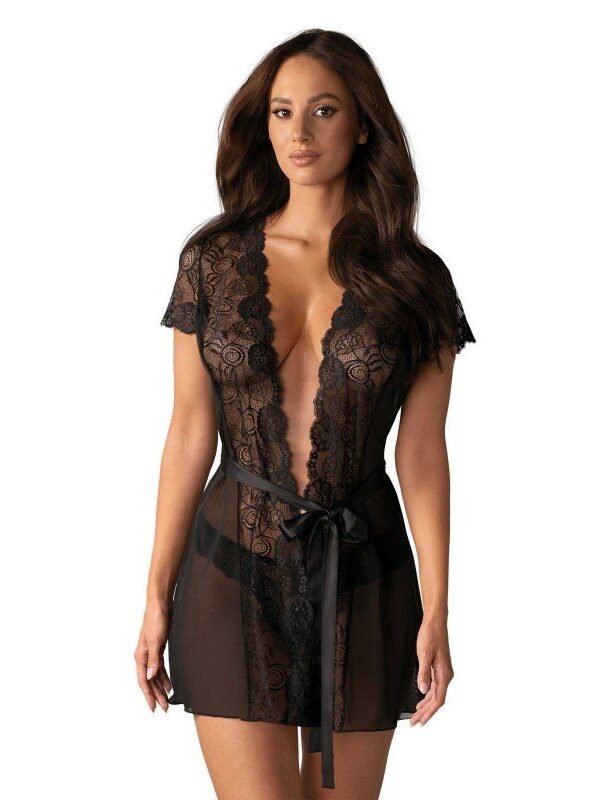Peignoir Alluria noir, dentelle et string – Obsessive