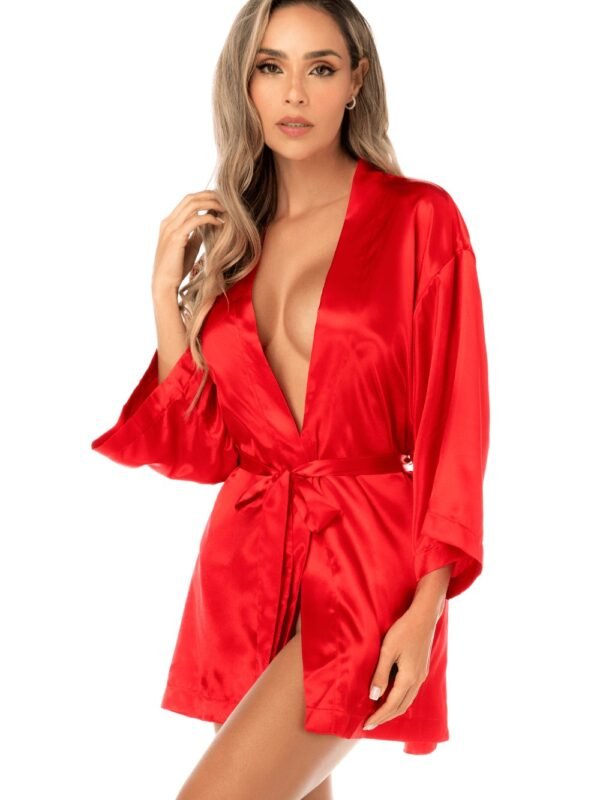 Peignoir court satiné rouge à ceinture – Mapalé