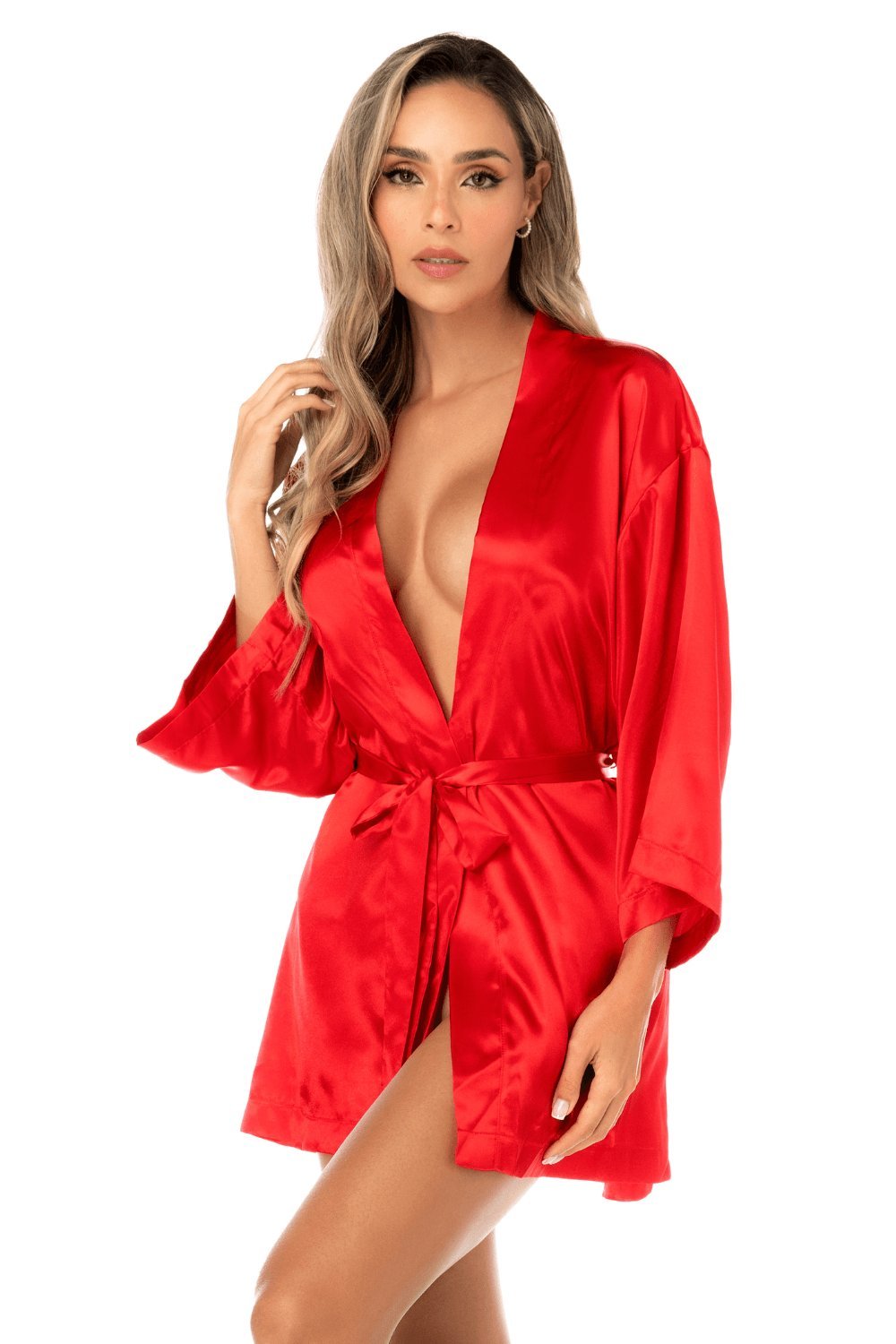 Peignoir court satiné rouge à ceinture – Mapalé