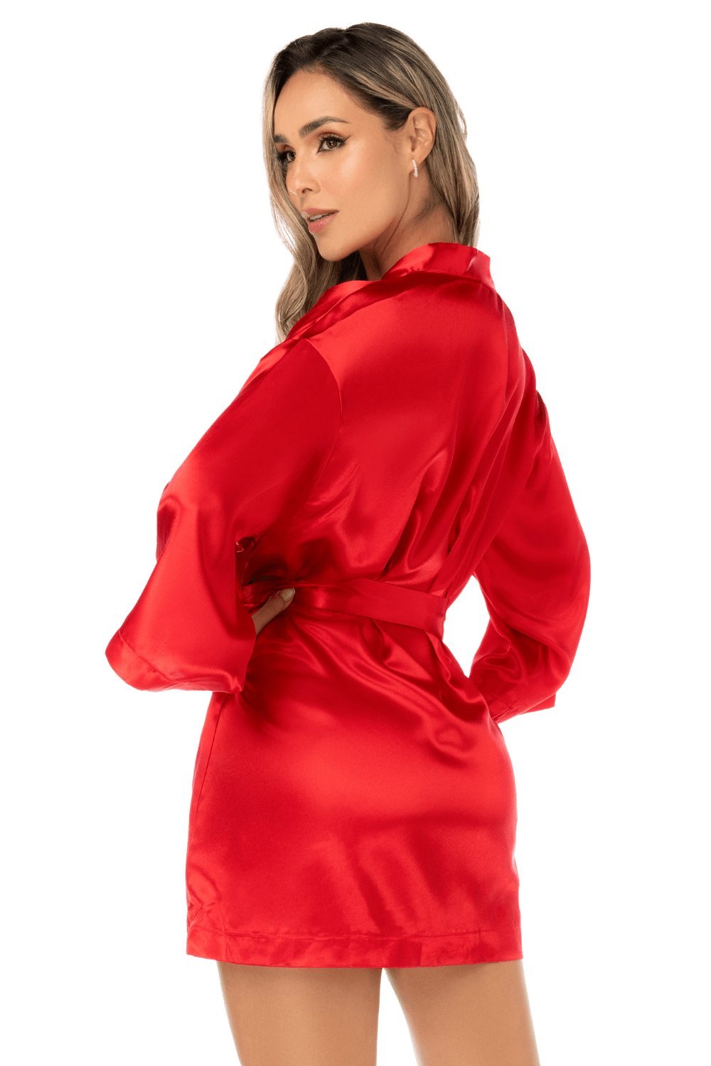 Peignoir court satiné rouge à ceinture – Mapalé