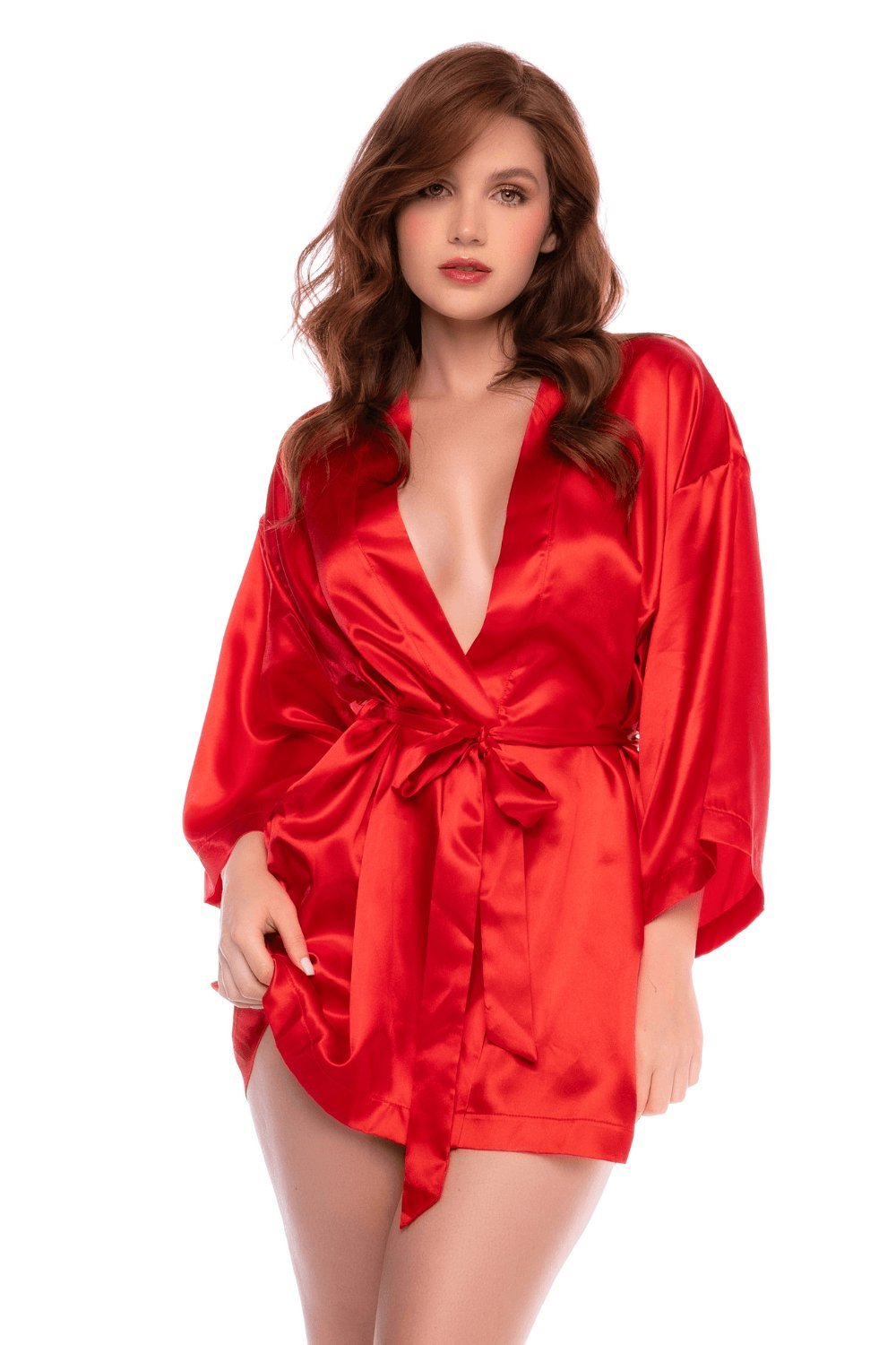 Peignoir court satiné rouge à ceinture – Mapalé