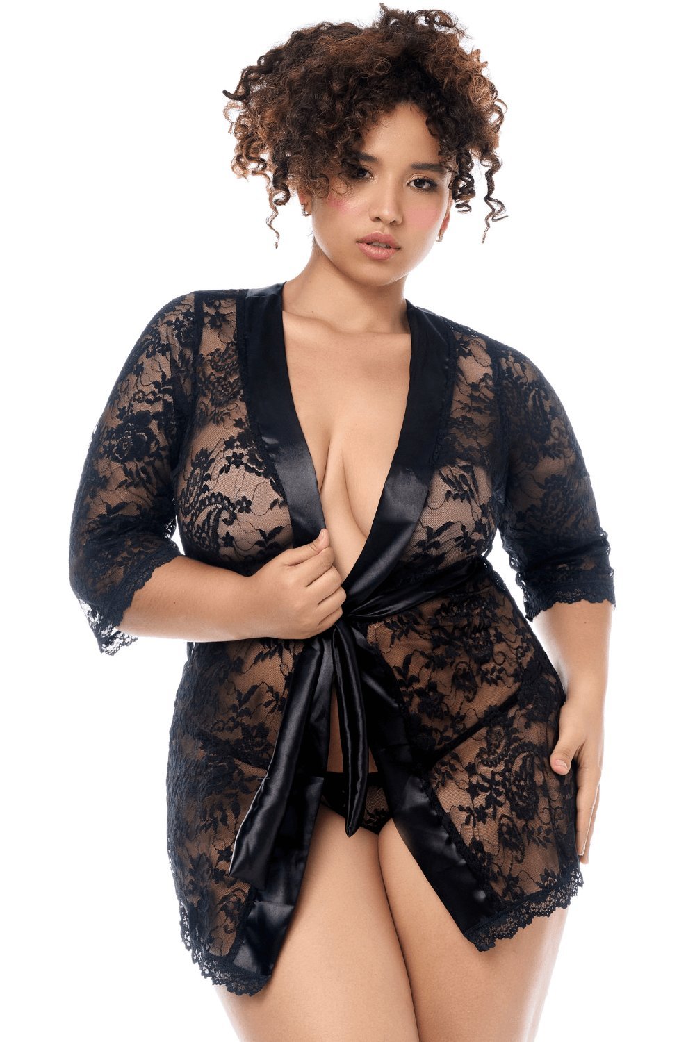 Peignoir dentelle noire grande taille et string – Mapalé