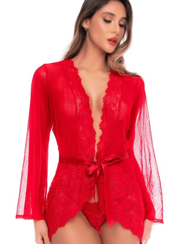 Peignoir rouge résille plumetis et dentelle – Mapalé