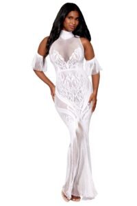 Robe bodystocking en dentelle blanche portée, longue et sans couture, idéale pour une nuit de noces
