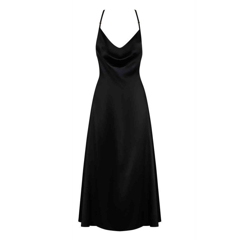 Robe satinée sexy noire et dentelle dorée