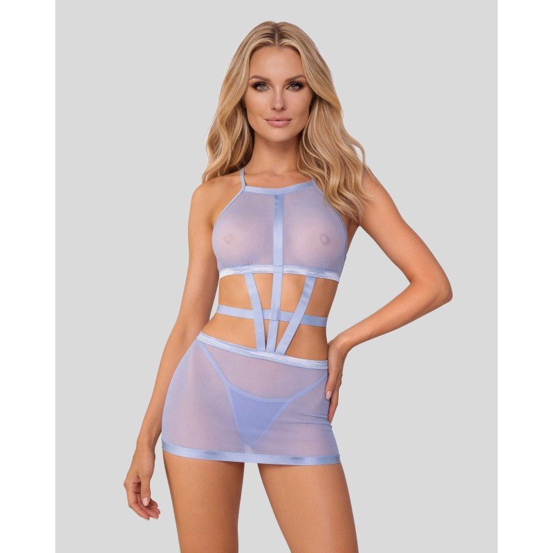 Robe sexy en filet bleu avec string