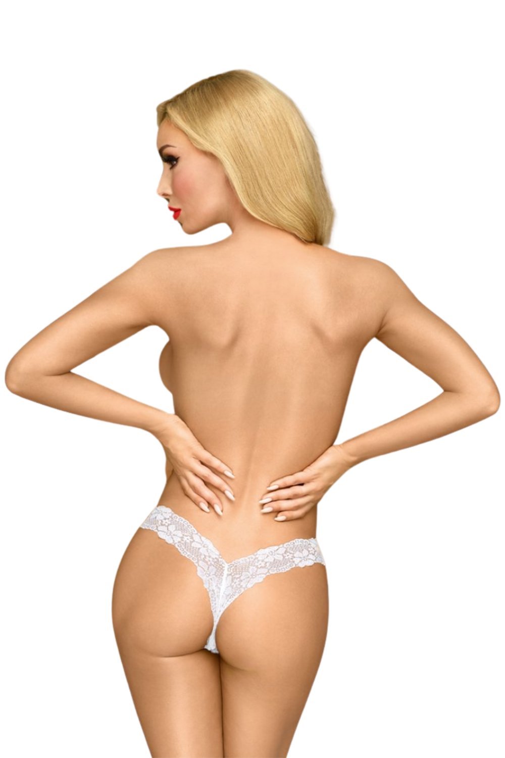 String blanc sexy coupe en V à nœud rose