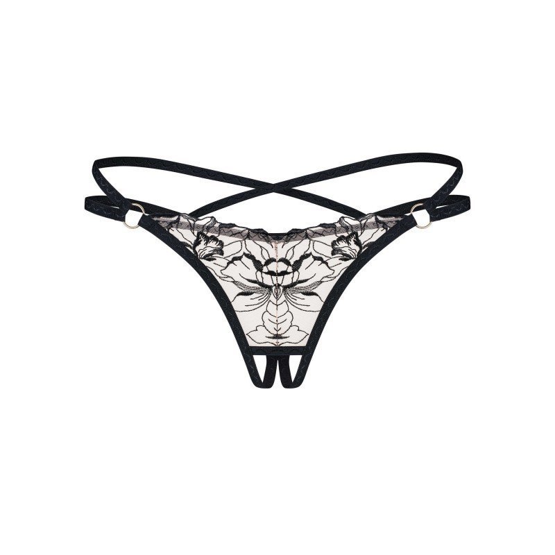 String ouvert sexy en tulle brodé de fleurs