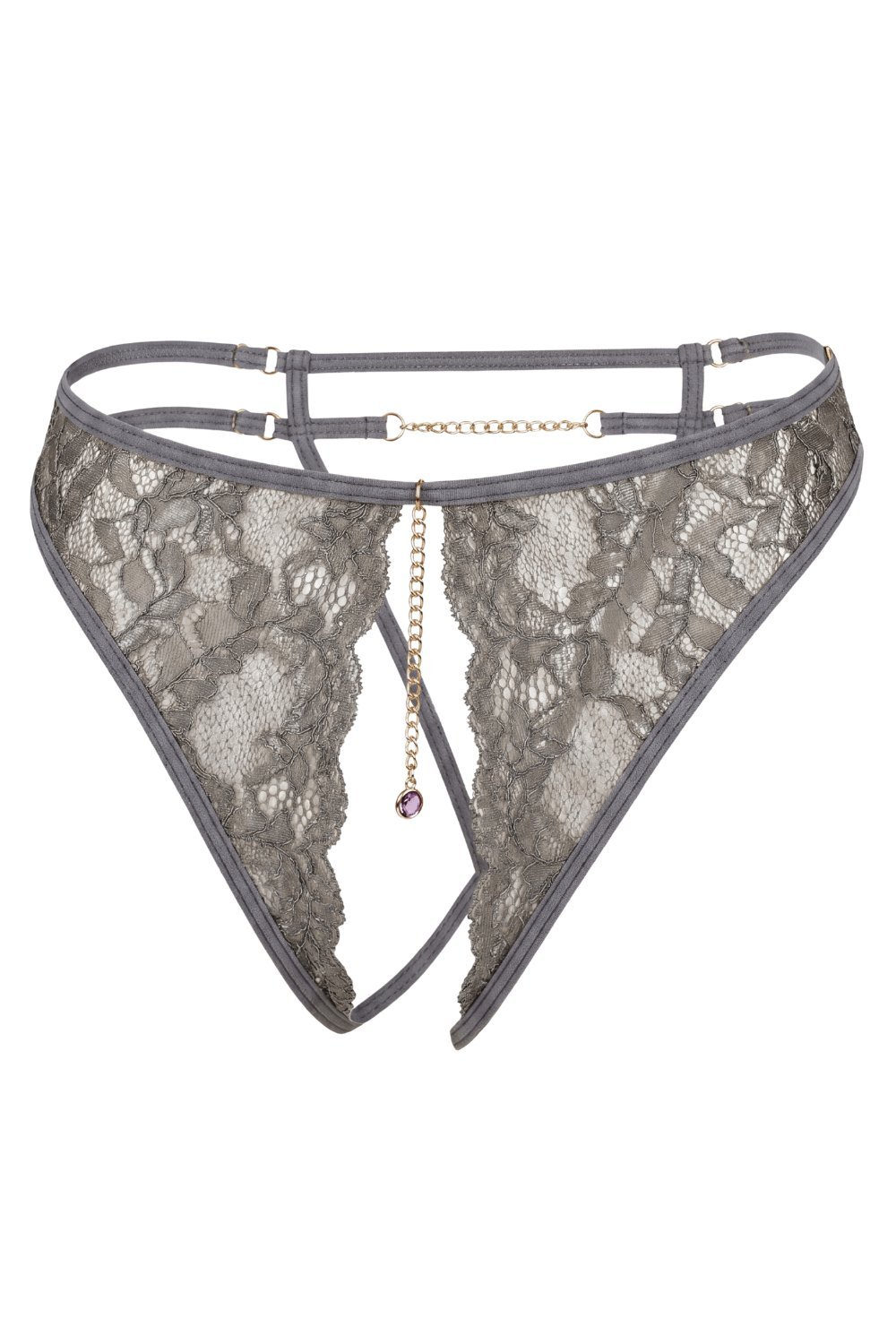 String ouvert sexy gris à chaîne dorée