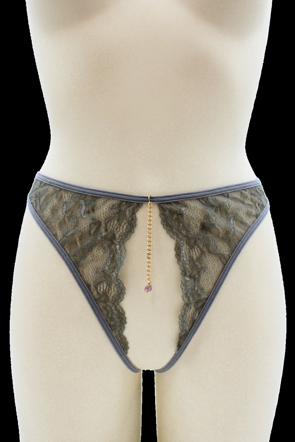 String ouvert sexy gris à chaîne dorée