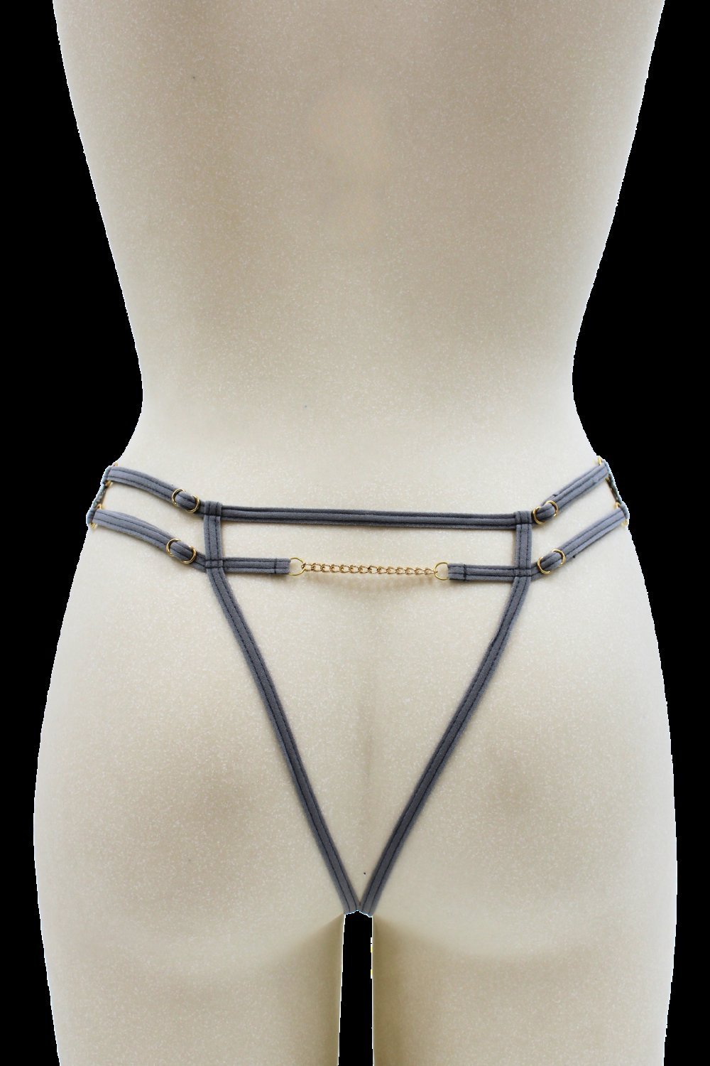 String ouvert sexy gris à chaîne dorée