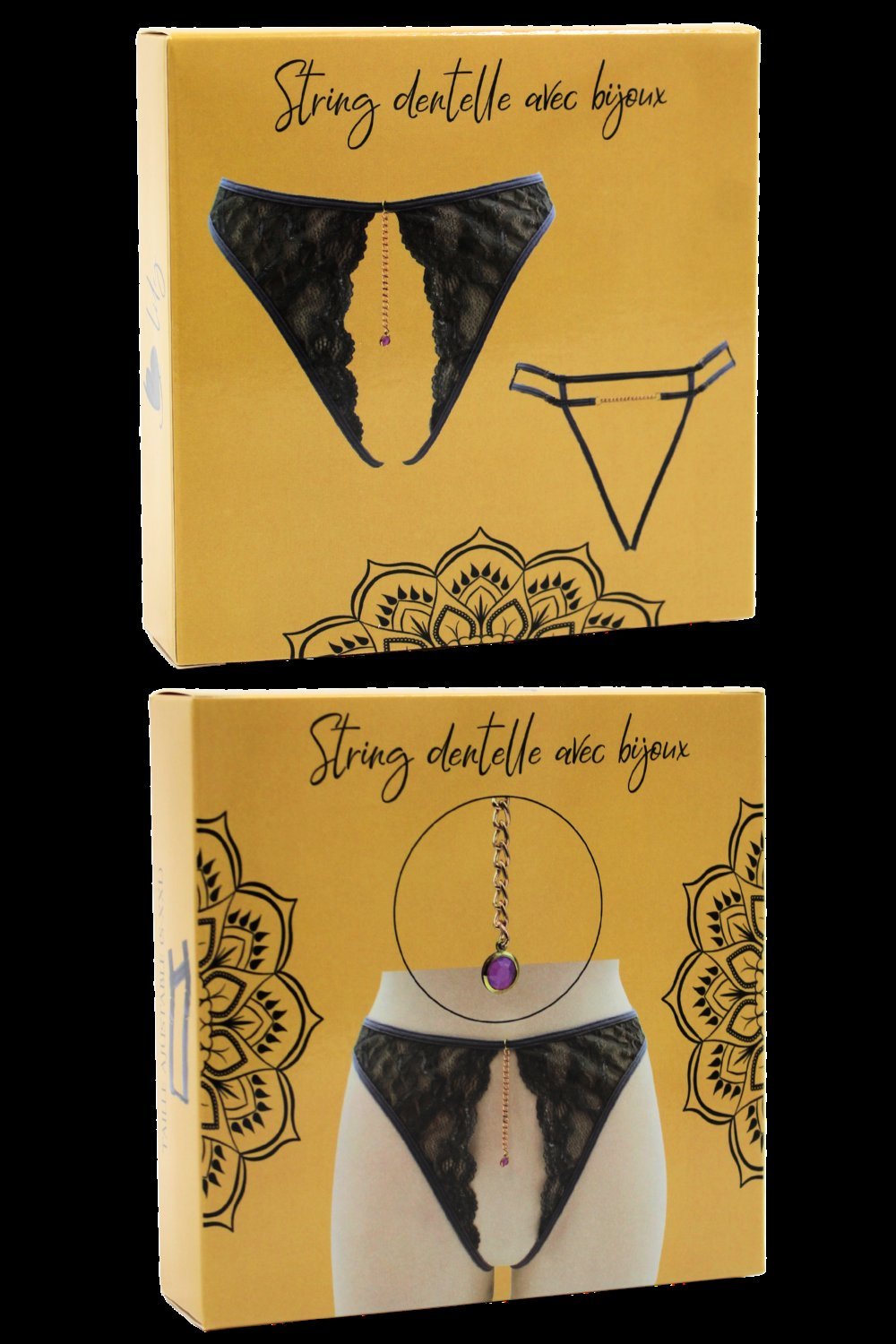 String ouvert sexy gris à chaîne dorée