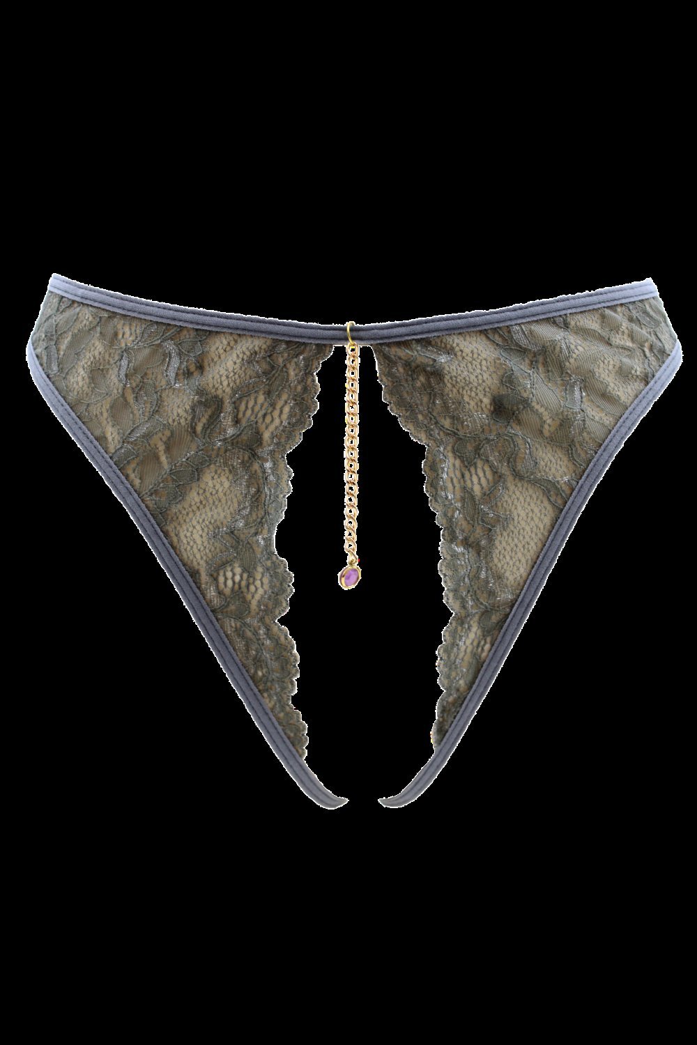 String ouvert sexy gris à chaîne dorée