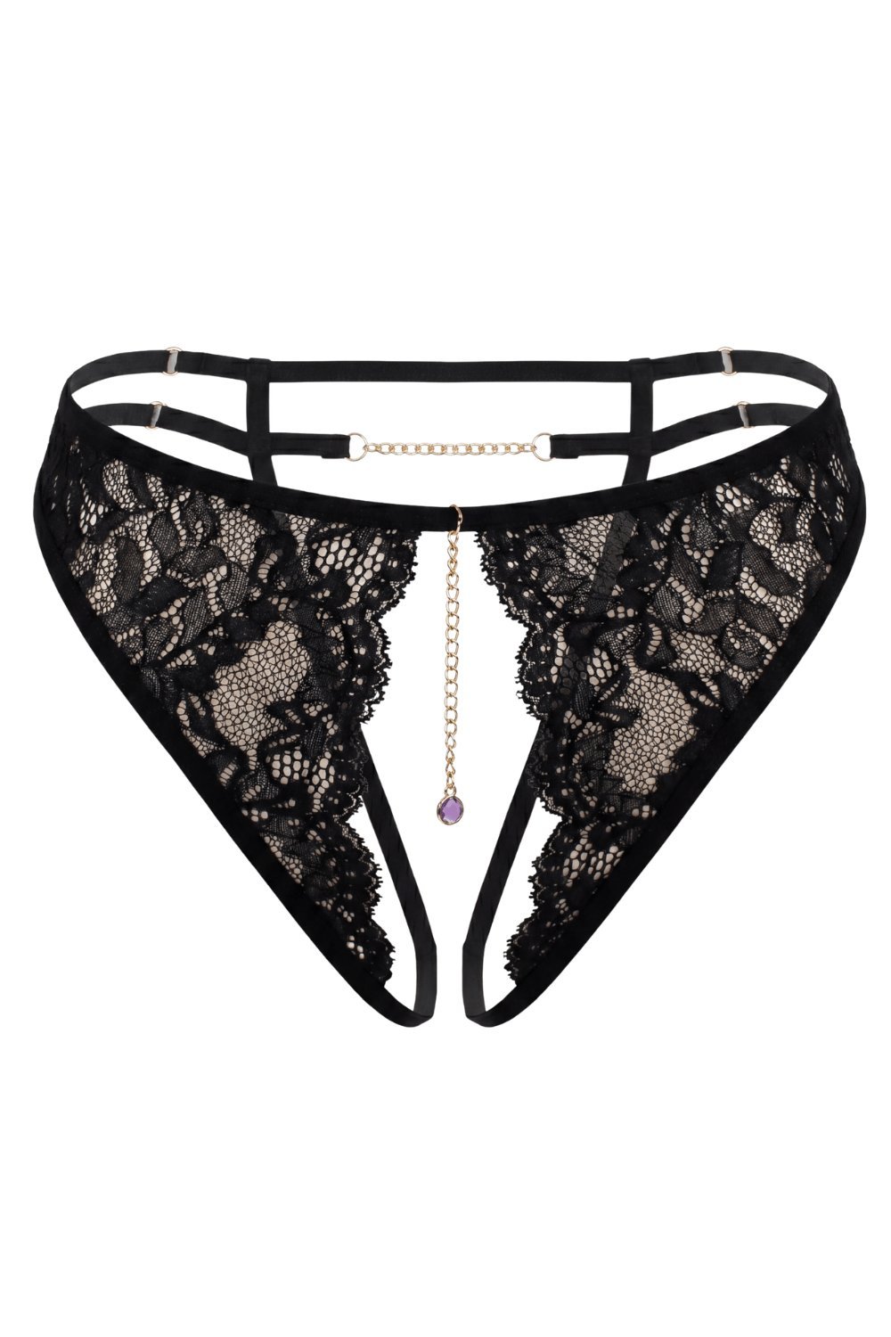 String ouvert sexy noir à bijou et chaîne dorée