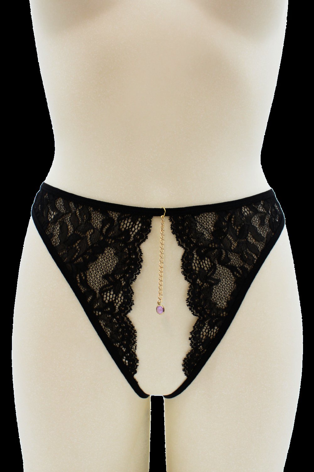 String ouvert sexy noir à bijou et chaîne dorée