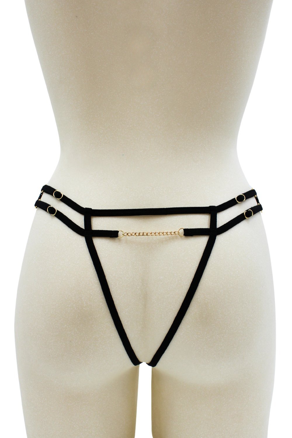 String ouvert sexy noir à bijou et chaîne dorée