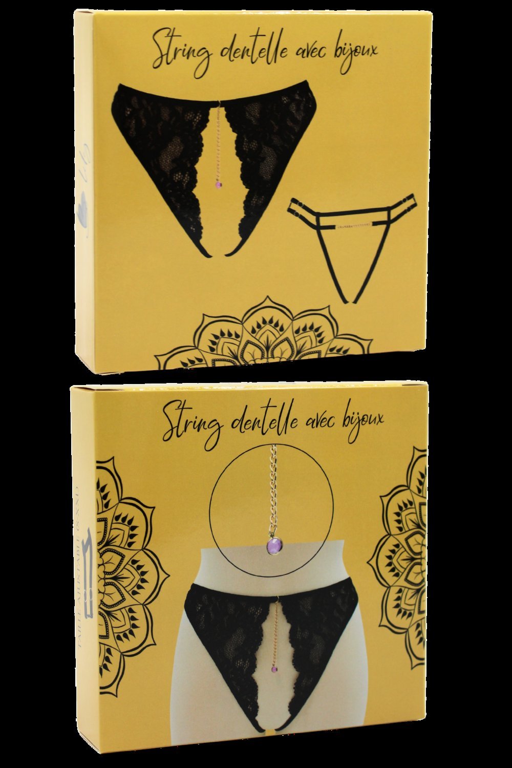 String ouvert sexy noir à bijou et chaîne dorée