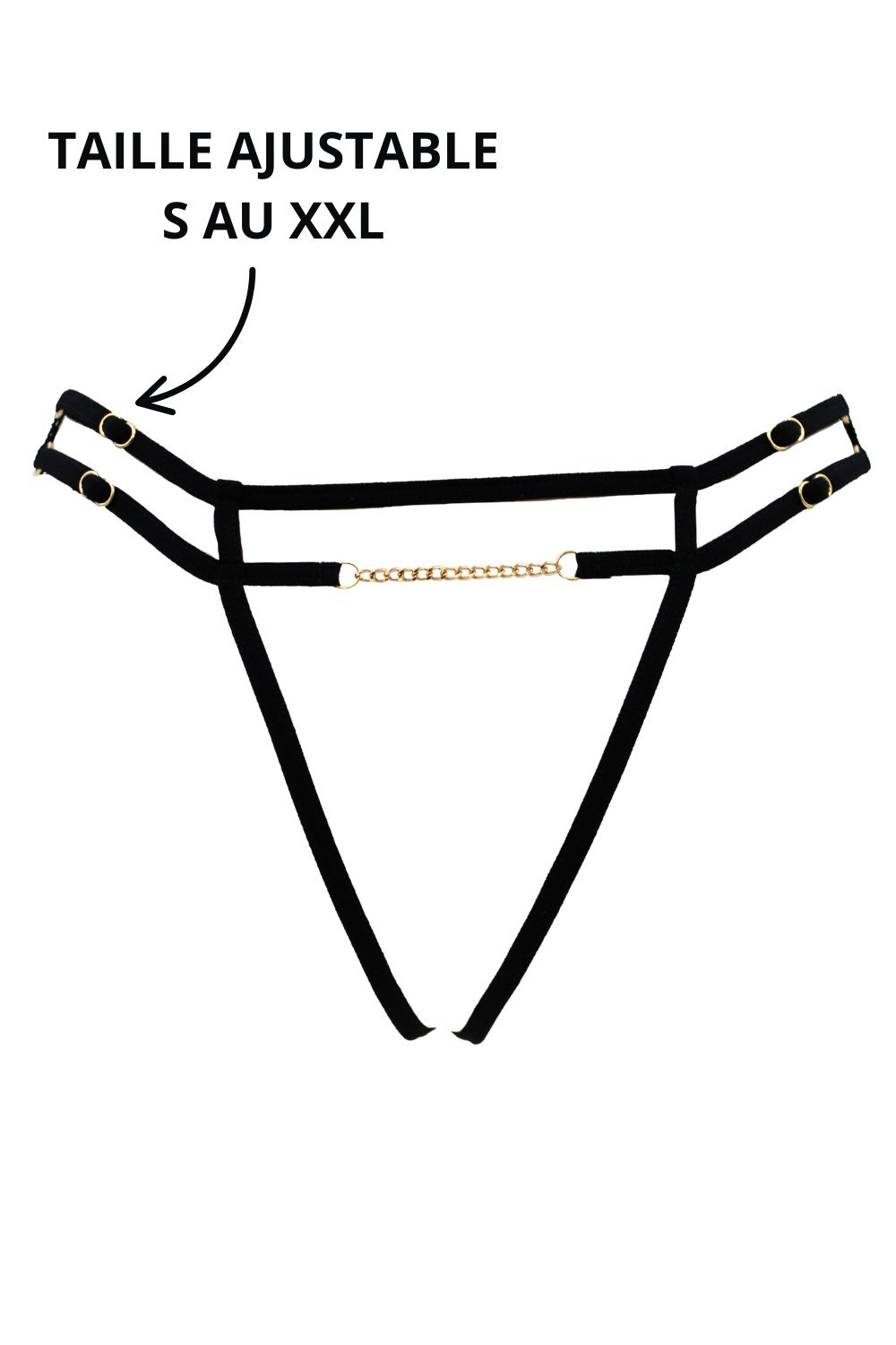 String ouvert sexy noir à bijou et chaîne dorée