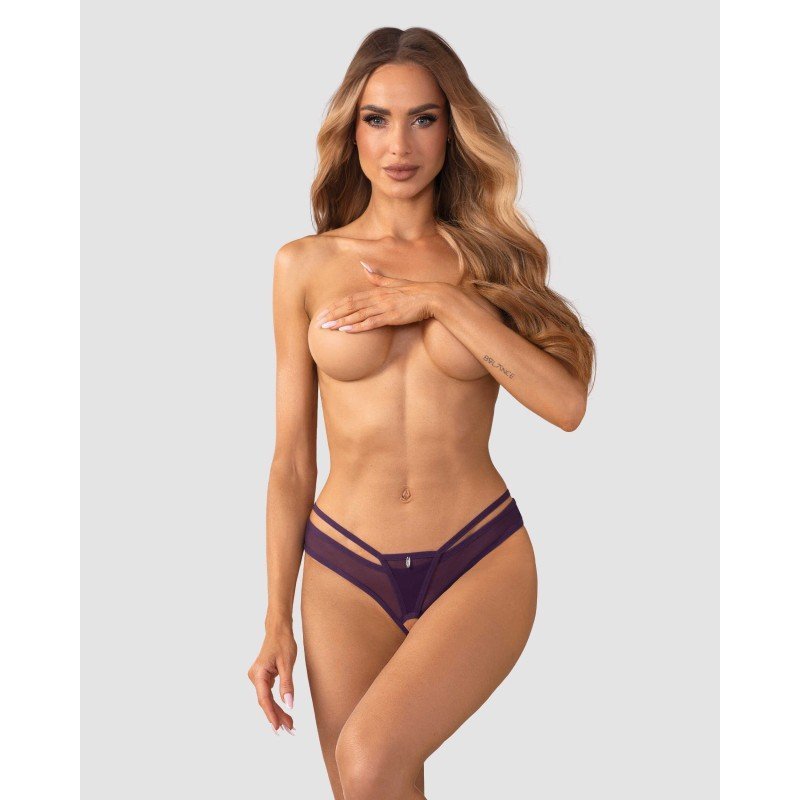 String ouvert sexy violet en maille transparente