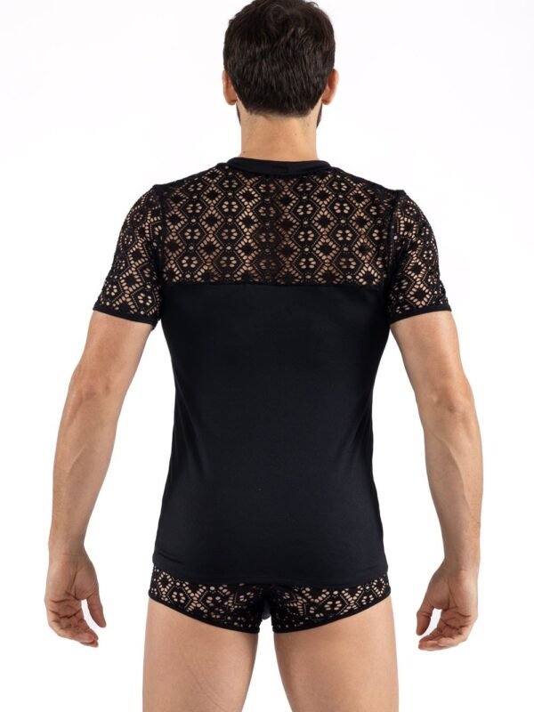 T-shirt homme sexy en résille brodée noire