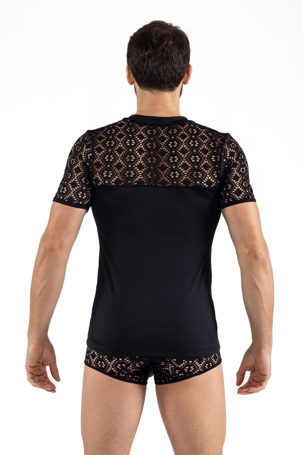 T-shirt homme sexy en résille brodée noire