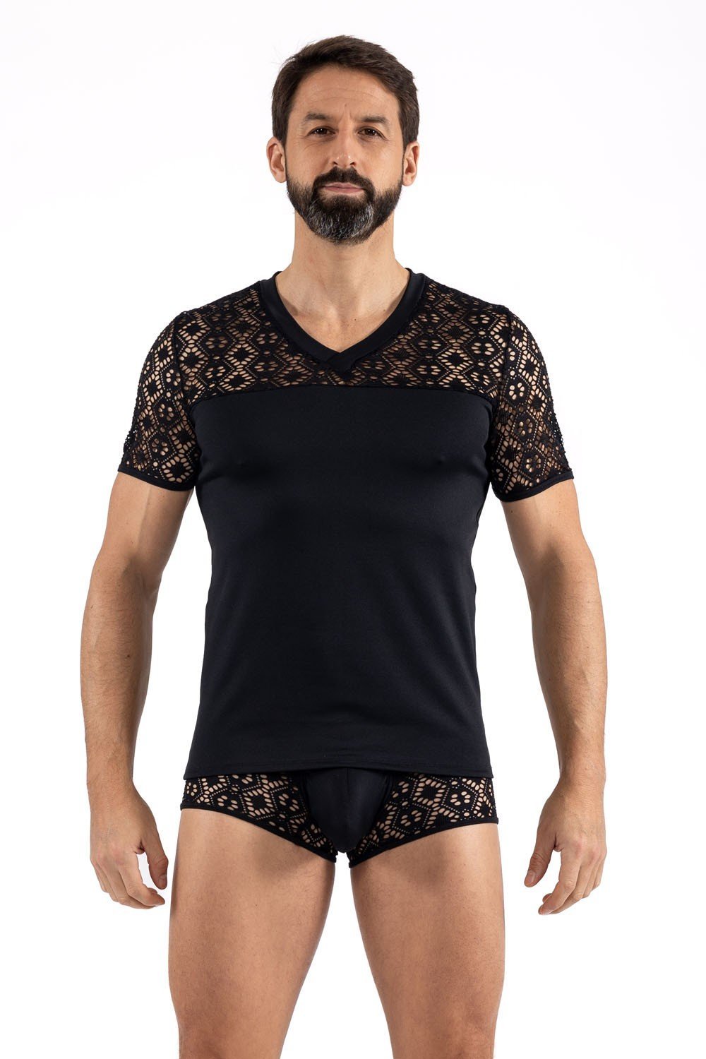 T-shirt homme sexy en résille brodée noire