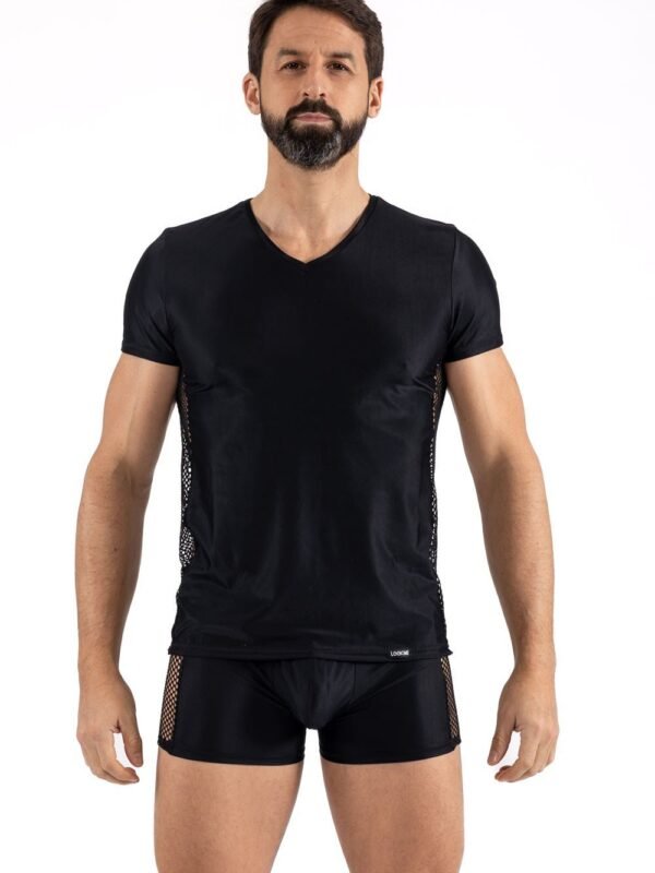 T-shirt homme sexy noir à côtés en résille