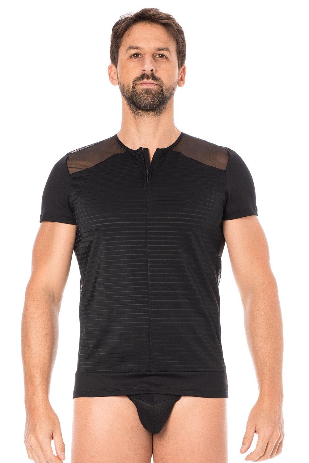 T-shirt homme sexy rayé transparent avec zip