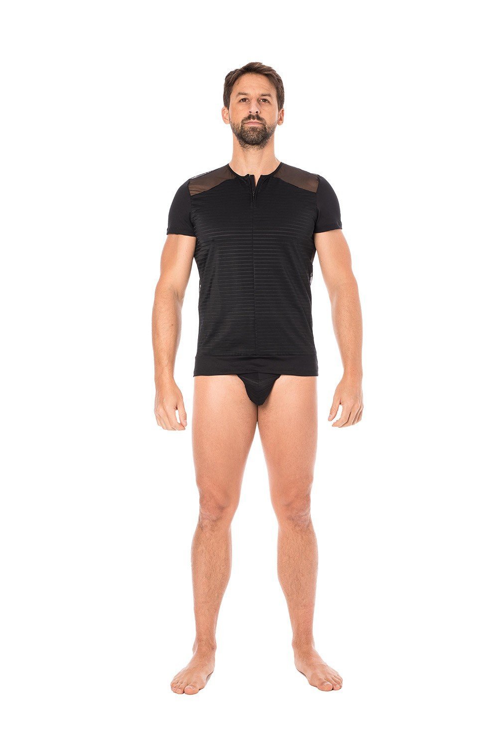 T-shirt homme sexy rayé transparent avec zip
