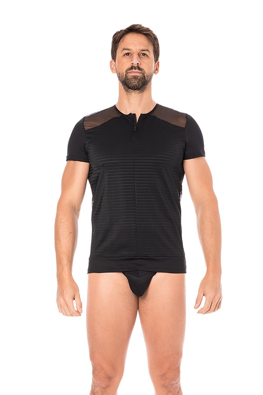 T-shirt homme sexy rayé transparent avec zip