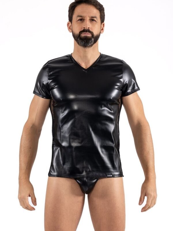 T-shirt homme sexy simili cuir et résille brodée