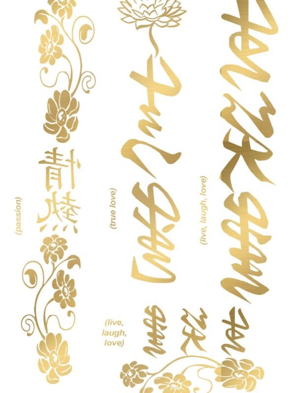 Tatouages éphémères dorés calligraphie et fleurs